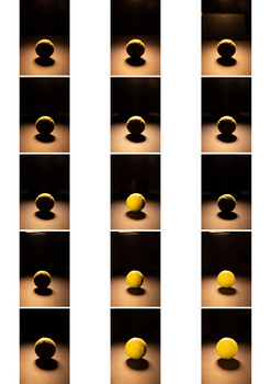 Grid of 15 studio photographs showing progressive color shift of a sphere from dark to bright yellow.