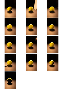 Grid of nine product photos showing a yellow sphere casting shadows on tan surface under controlled studio lighting.
