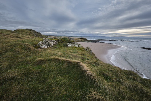 Coastal landscape with grassy headland overlooking a sandy beach and grey ocean under cloudy sky.