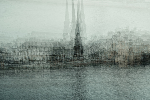 Ethereal cityscape with cathedral spire rising above layered buildings along a waterfront, rendered in soft, muted tones.