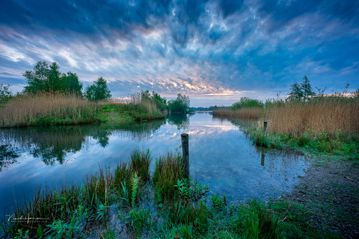 Calm wetland waterway with reeds and trees reflected in still water under dramatic blue sky.