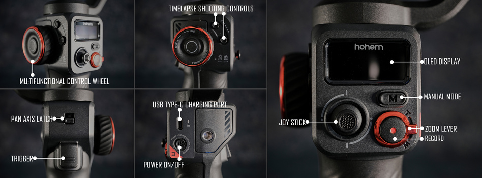 Annotated diagram of a motorized camera gimbal showing six control features and interface elements.