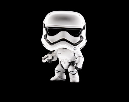 Funko Pop collectible figure of a stormtrooper character in white armor against a black background.