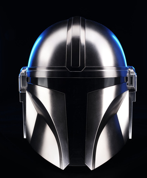 Illustration of a metallic helmet with blue accent lighting and black visor against a black background.