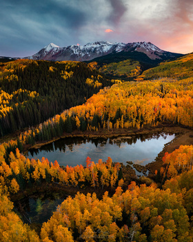 Snow-capped mountain rising above golden larch forest and reflective alpine lake during autumn.