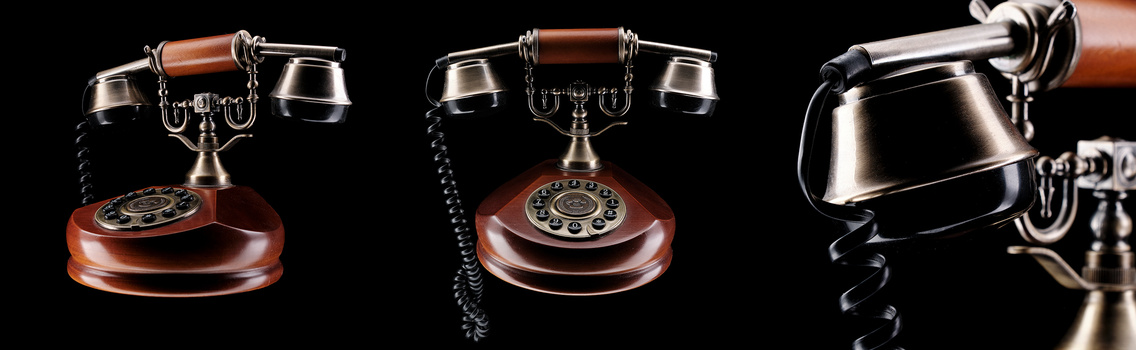 Three vintage rotary telephones with wood bases and brass handsets shown from different angles.