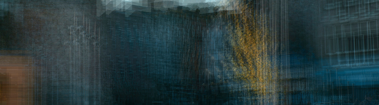 Abstract composite of layered urban architecture with multiple building facades creating motion blur effect.