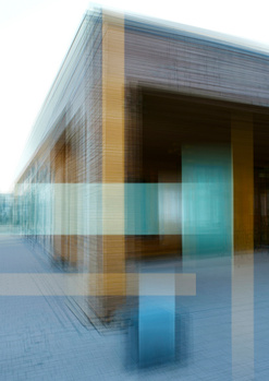 Modern building facade with geometric cutouts and blue-tinted glass panels creating layered transparency effects.