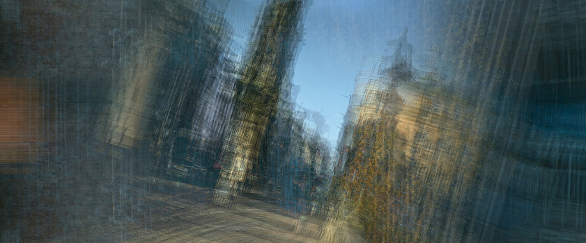 Urban street lined with tall buildings rendered in a soft, layered motion blur effect.