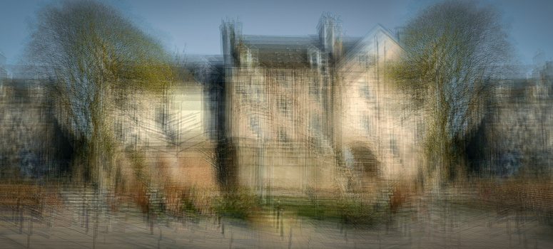 Gothic cathedral facade with bare trees rendered in soft focus and painterly effect.