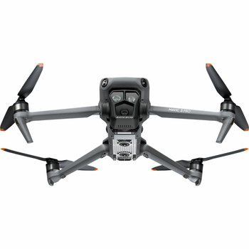 Gray quadcopter drone shown from above with four propellers extended and landing gear deployed.