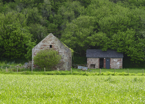 Two stone farm buildings nestled against dense green woodland, with a wildflower meadow in the foreground.