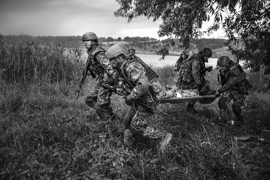 Military personnel carrying a wounded soldier on a stretcher through tall grass near water.