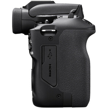 Black mirrorless camera body shown from the side, displaying grip texture and USB port access panel.