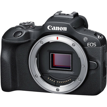 Canon EOS mirrorless camera body shown front-on with lens mount exposed.