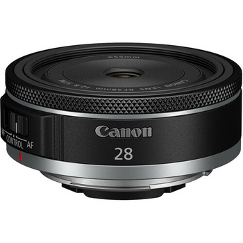 Canon RF 28mm f/2.8 Macro lens with black barrel and silver mount ring.