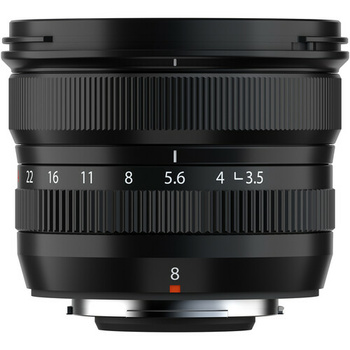 Wide-angle prime lens with manual focus ring and aperture scale from f/2 to f/16.