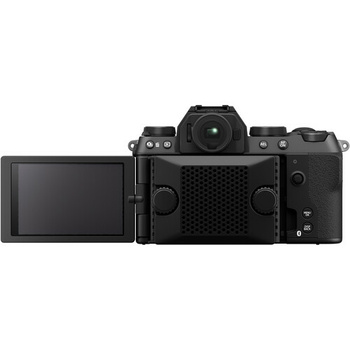Mirrorless camera shown from front and back views with articulating LCD screen extended.