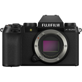 Fujifilm X-S20 mirrorless camera body shown from front with lens mount visible.