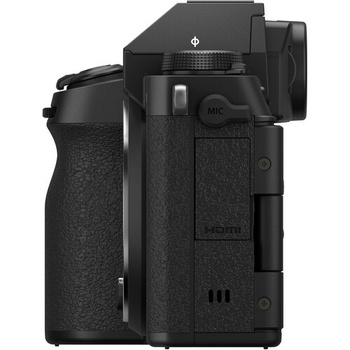 Mirrorless camera body shown from the side, displaying grip, lens mount, and battery compartment.