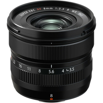 Fujifilm Super EBC XF 8mm f/3.5 R WR ultra-wide prime lens with aperture ring and focus distance scale.