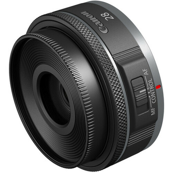 Canon RF 50mm f/1.8 STM lens with front element extended and cap removed.