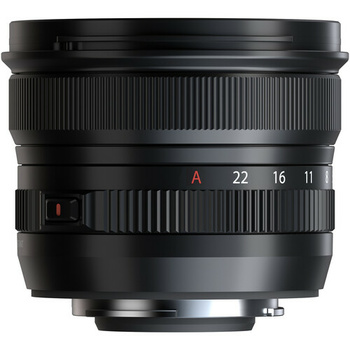 Wide-angle prime lens with focal length markings and aperture ring displayed against white background.