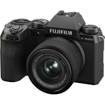 Fujifilm X-S20 mirrorless camera with XC 15-45mm kit lens, shown from front three-quarter angle against white background.
