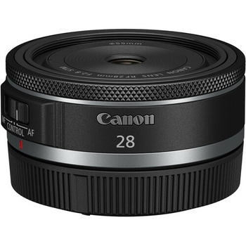 Canon RF 28mm f/2.8 macro lens with AF focus ring and macro switch visible.