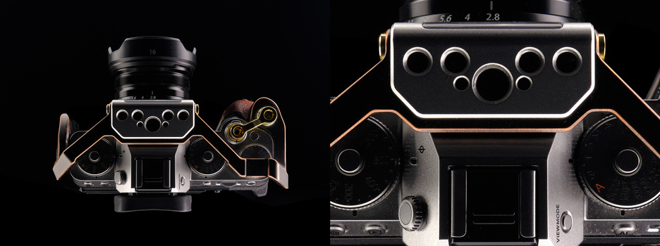 Top-down view comparison of two camera systems with mounted lenses and control interfaces against black background.