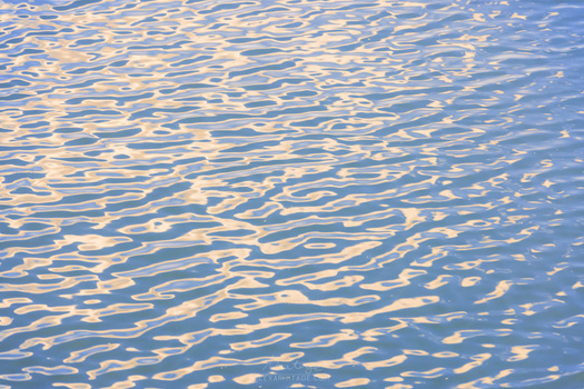 Water surface with rippling waves reflecting golden sunlight and blue sky.