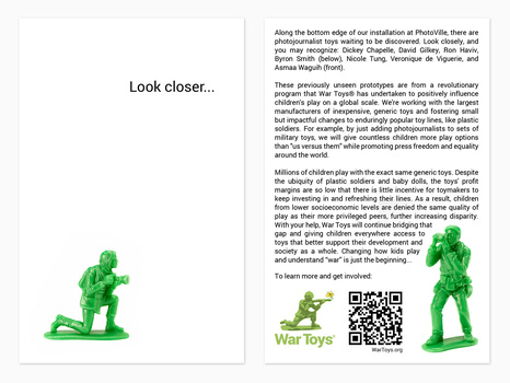 Illustration of green plastic toy soldiers positioned on left and right pages with text reading 'Look closer' between them.
