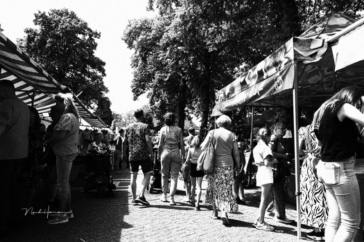 Black and white street scene with vendors and shoppers beneath trees and market stalls.