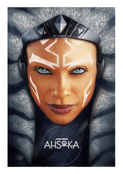 Portrait of a character with geometric white face markings and dark headpiece against a textured gray background.