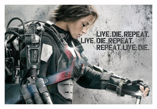 Person in tactical gear with futuristic weaponry against weathered concrete wall with repeated text overlay.