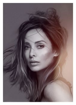 Portrait of a woman with long dark hair and contemplative expression against warm, neutral background.