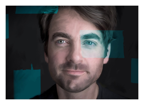 Portrait of a man with dark hair and beard against a dark background with teal overlay blocks.