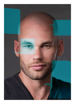 Bald man with beard looking directly at camera against dark background with teal geometric overlays.