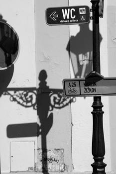 Black and white photograph of street signs and a figure's shadow cast on a light background.