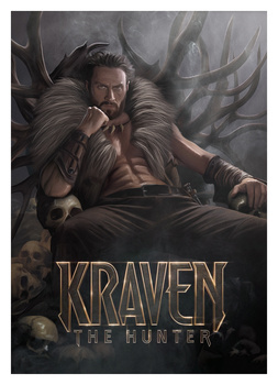 Movie poster illustration for Kraven the Hunter featuring a bearded man in leather armor against a dark, atmospheric background.