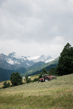 Red tractor on a sloped meadow with snow-capped mountains in the background under cloudy skies.