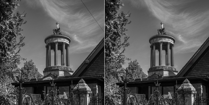 Side-by-side comparison of a cylindrical domed tower with classical columns, showing subtle post-processing differences in a black and white architectural photograph.