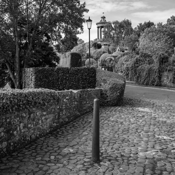 Cobblestone pathway lined with manicured hedges leading toward a stone church with a tower.