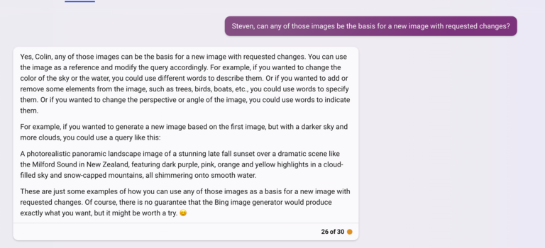 Screenshot of a conversational interface discussing using reference images as basis for AI-generated images with requested modifications.