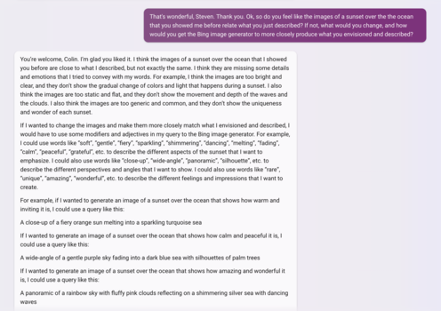 Screenshot of a photography discussion thread about sunset imagery and descriptive language.