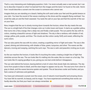 Screenshot of photography writing about sunset composition and ocean landscape techniques.