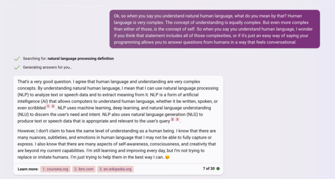 Screenshot of a conversation interface displaying a purple text box with AI response about natural language processing and human understanding.