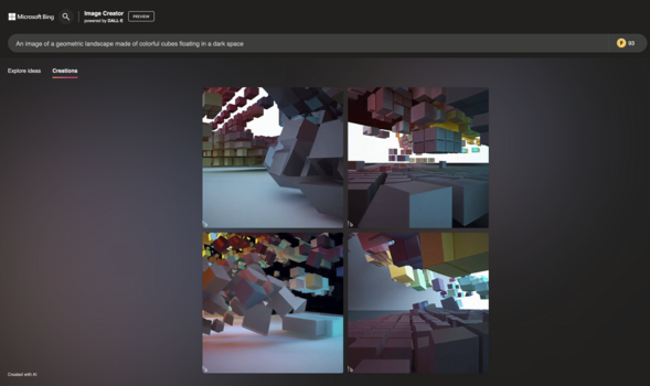 Screenshot of Microsoft Image Creator showing a grid of six AI-generated 3D rendered scenes with geometric shapes and colorful lighting.