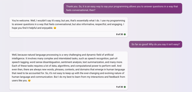 Screenshot of a conversational AI interface showing a dialogue about natural language processing challenges.