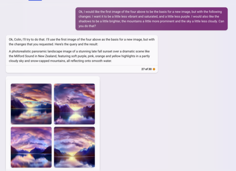 Grid of four panoramic landscape photos showing alpine lake sunsets with purple and gold lighting.